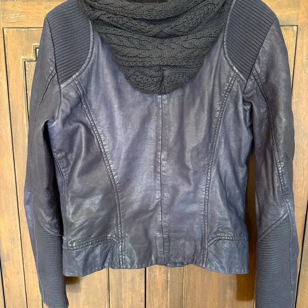 Dark Blue Doma Mixed Media Leather Jacket - Biker Style with removable hood - Picture 3 of 12